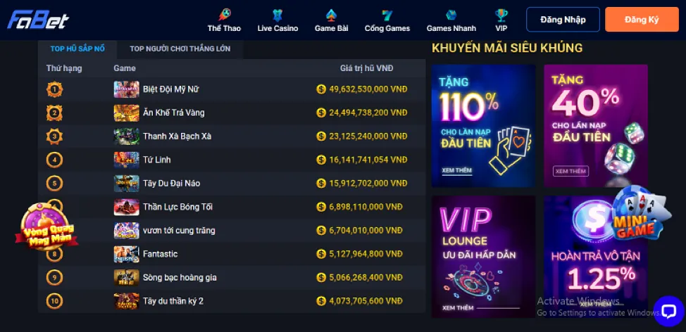 Thưởng nạp casino trực tuyến